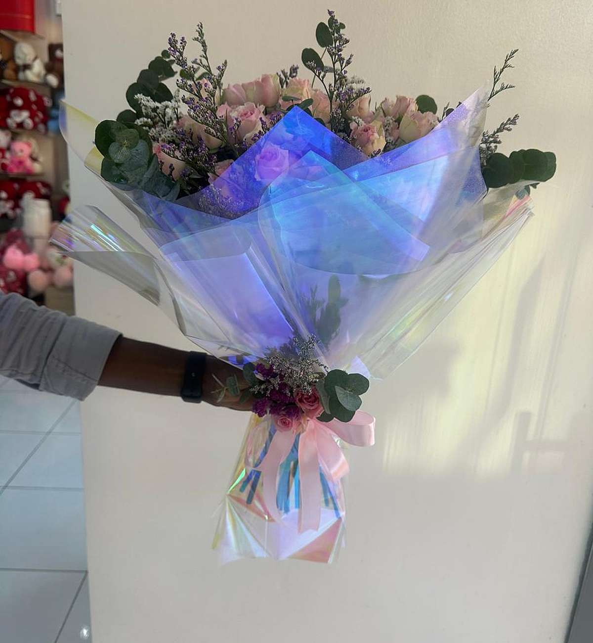 Pink Roses Bab Works Pastel Bloom – 15 Pink Baby Roses with Limonium | Orange Flowers UAE